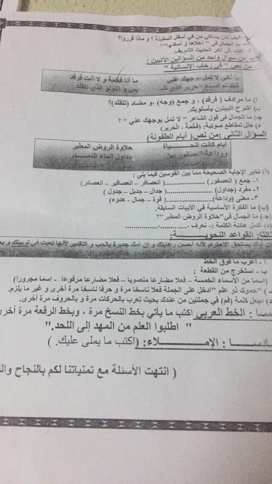 امتحان الميد تيرم في اللغة العربية للصف السادس الابتدائي الفصل الدراسي الثاني 2017 - ادارة شمال الجيزة التعليمية 425