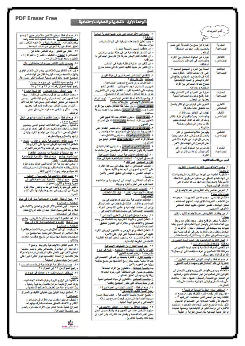 خلاصة علم الاجتماع في 3 ورقات للثانوية العامة