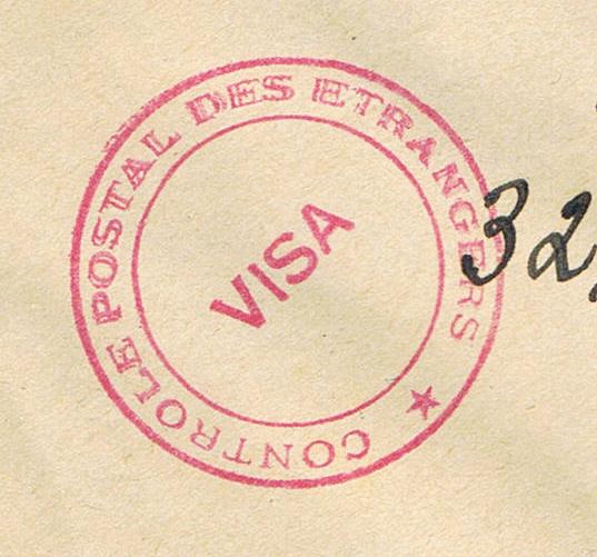 Cachet « VISA - CONTROLE POSTAL DES ETRANGERS » Ccf20015