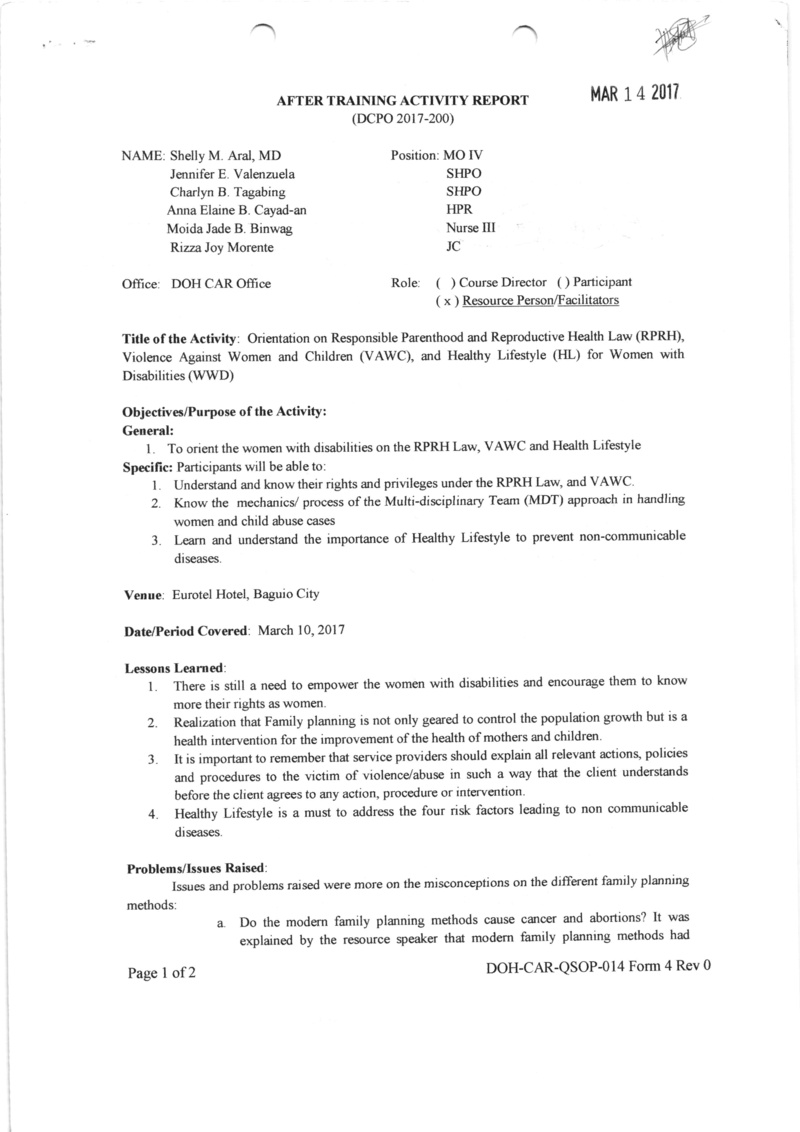 DCOPO 2017-200: Authority for some DOH-CAR staff to conduct/ attend the orientation on the responsible parenthood and reproductive health RPRH law against women and children (VAWc) and Healthy lifestyle HL for women with disabilities on March 10, 2017 20010