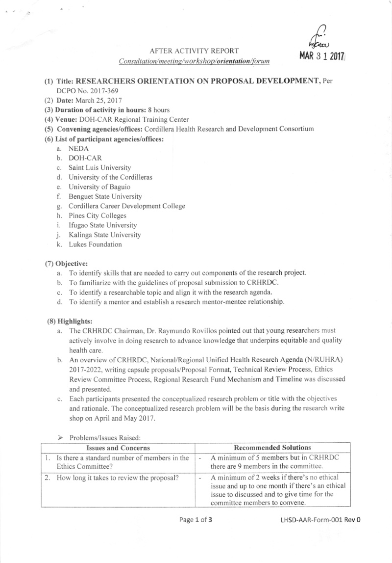 DCOPO 2017-369: Authority for some DOH-CAR personnel to attend the Cordillera Health Research and Development Consortium Orientation of Researchers on March 25, 2017 in Baguio City 36910