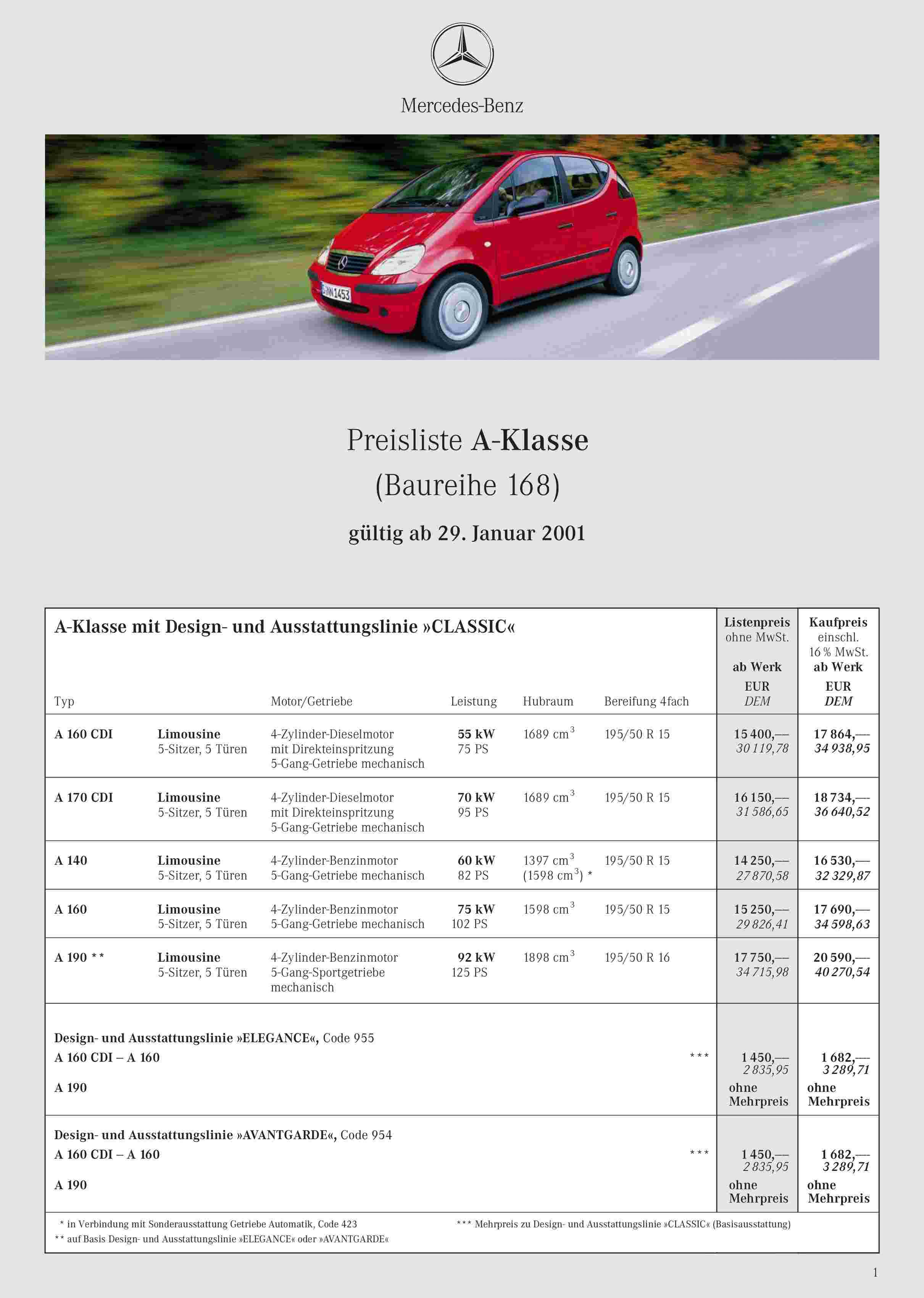 (W168): Catálogo de preços e opcionais 2001 - alemão  0001_331