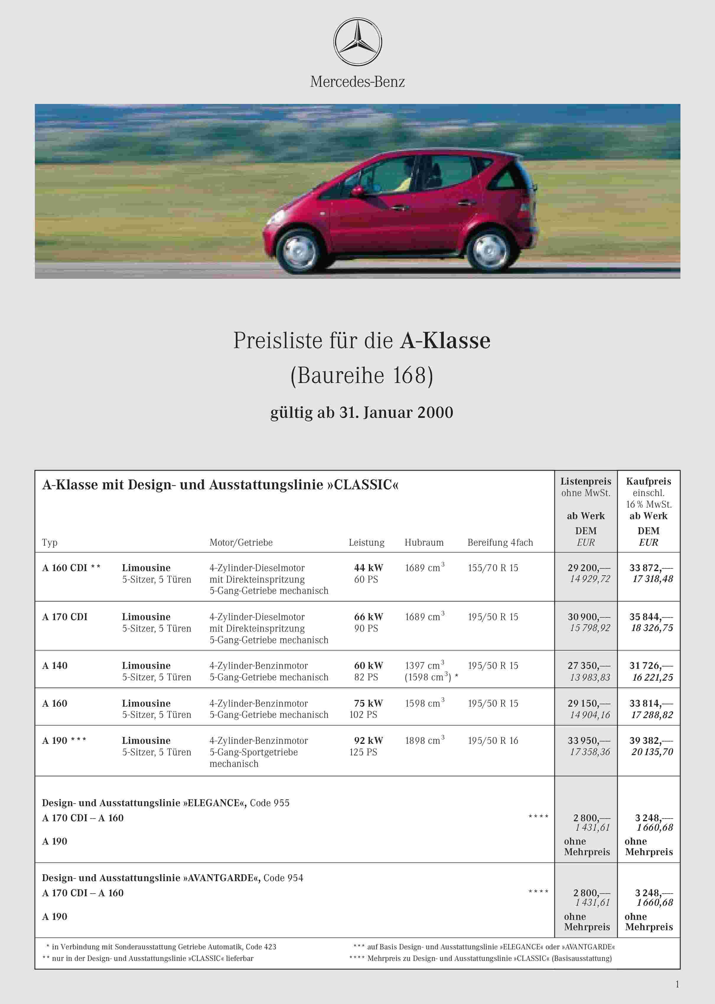 (W168): Catálogo de preços e opcionais 2000 - alemão  0001_423