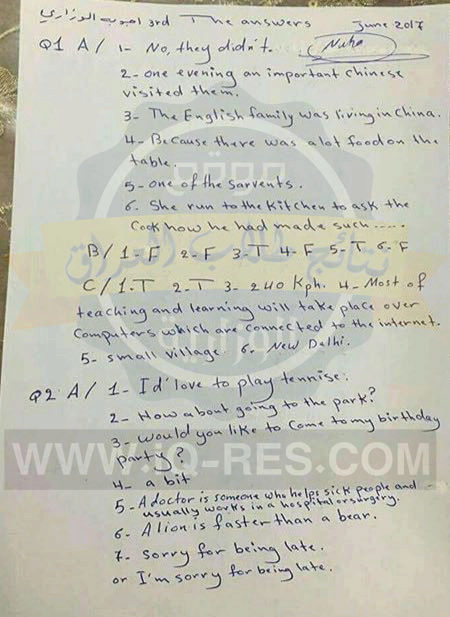 نموذج ورقة اللغة الانكليزية مع الحل للصف الثالث متوسط 2017 الدور الاول 6a273910