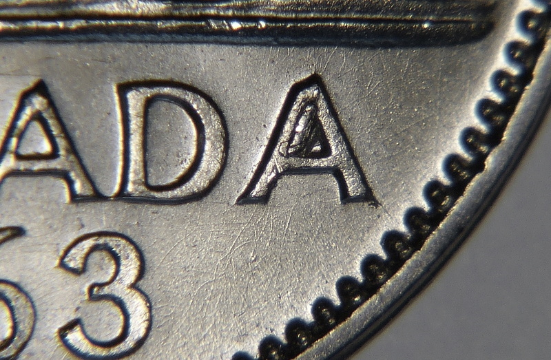 1963 - 1963 - Éclat de Coin dernier "A" de CANADA (Die Chip in last "A") Ca_0_177
