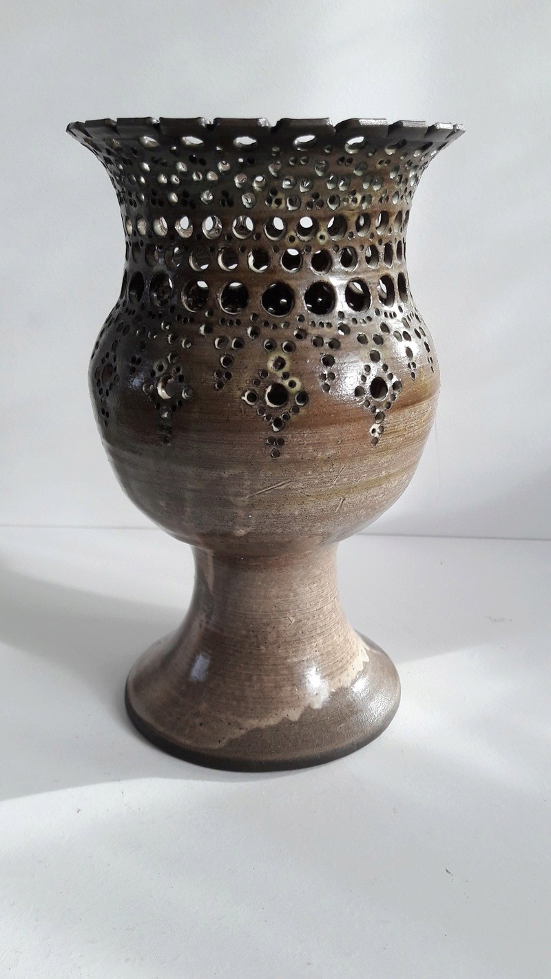 Unusual fretwork pottery candle holder? unidentified signature on base 20170210