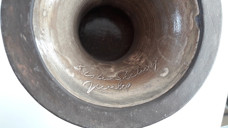 Unusual fretwork pottery candle holder? unidentified signature on base 20170213