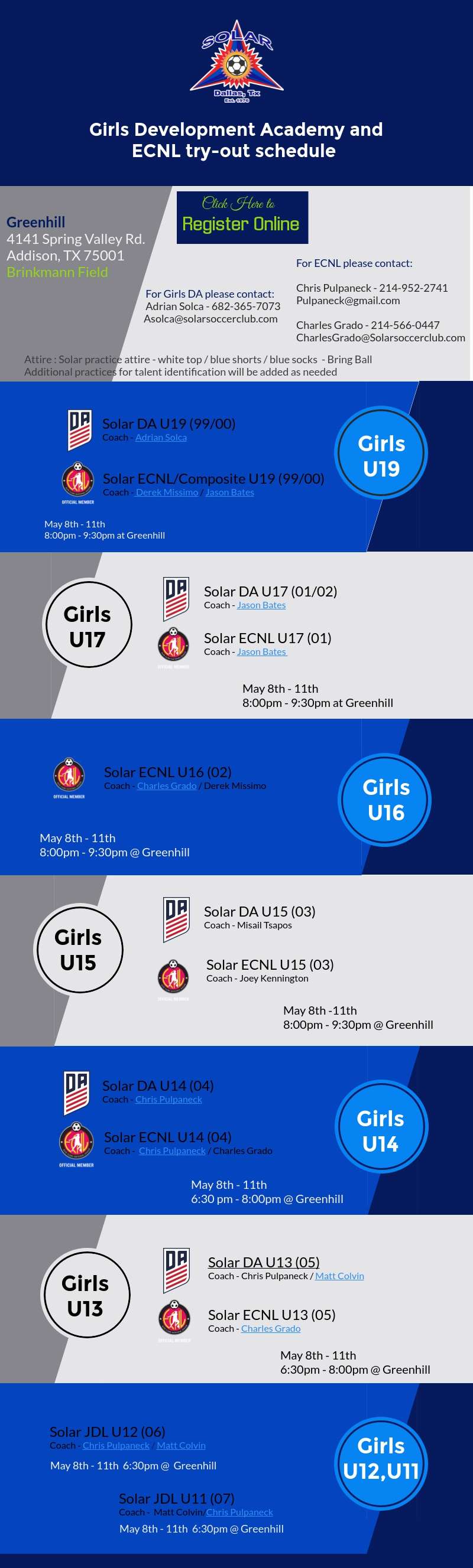 Solar JDL open sessions - revised times and location Girls-11