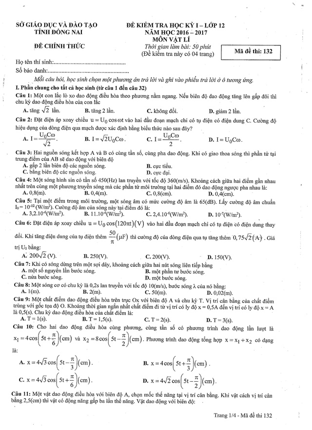 Đề thi học kỳ I môn Vật Lí 12 năm 2016-2017 Đồng Nai 1_00113