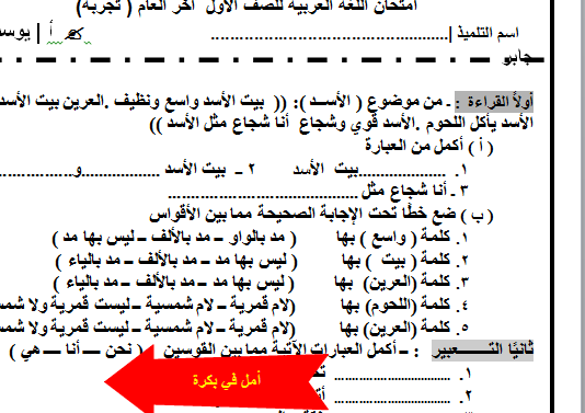 الصف الأول الابتدائي نموذج اختبار لغة عربية  ترم ثان نهاية العام 12-06-13