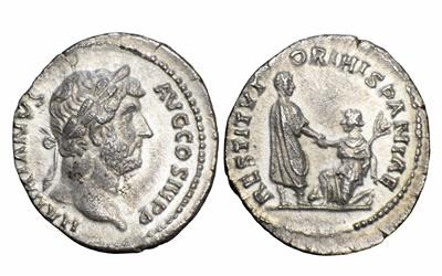 Denario de Adriano RESTITVTORI HISPANIAE - Adriano alzando a Hispania arrodillada. Ceca Roma. 92833011
