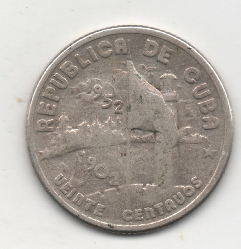 20 Centavos de Cuba. Año 1952, 50 años República 214