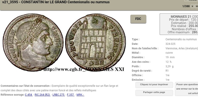 AE3 de Constantino I Magno. PROVIDEN-TIAE AVGG. Puerta de campamento de dos torres. Ceca Arles. Screen10