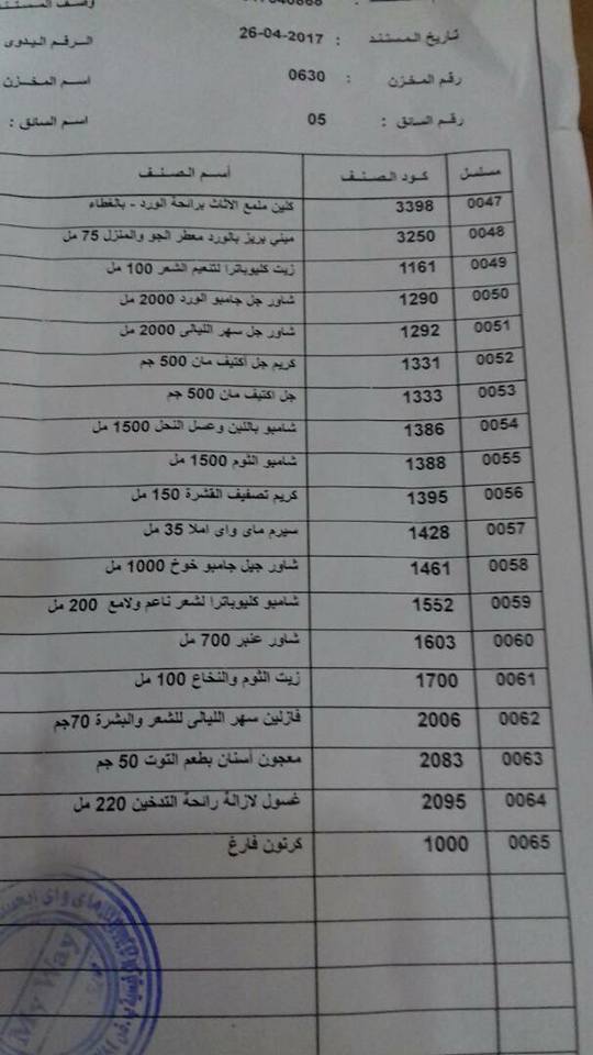 منتجات توفرت اليوم الاربعاء 26 ابريل 2017   بفرع الشرقيه 526