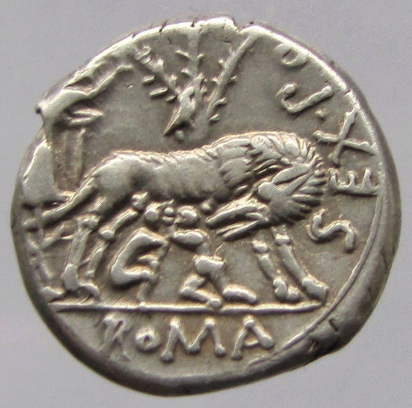 Denario de la gens Pompeia. SEX. PO F-OSTLVS ROMA (Sextus Pompeius Fostulus Roma). Loba amamantando a Rómulo y Remo. Ceca Roma. Denari11