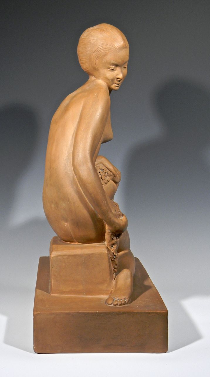 Large Terra cotta Art Deco Figural Sculpture, Signed Decosc12