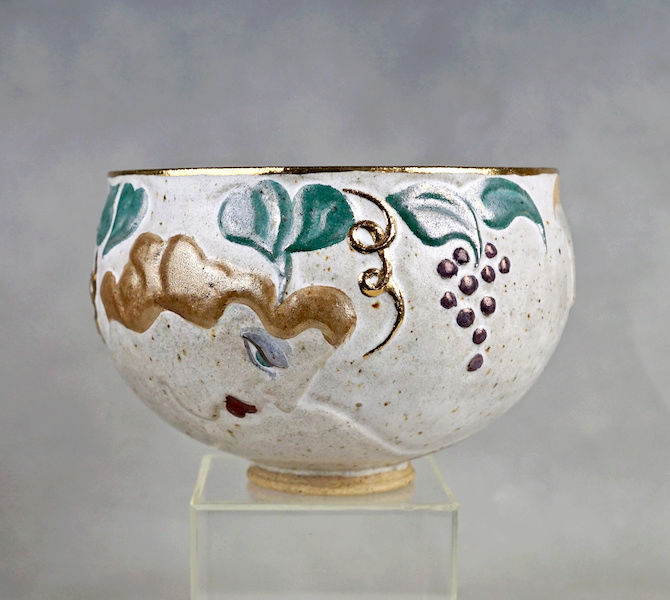 Pottery Bowl With Relief Painted Women's Faces, Signed Women_11