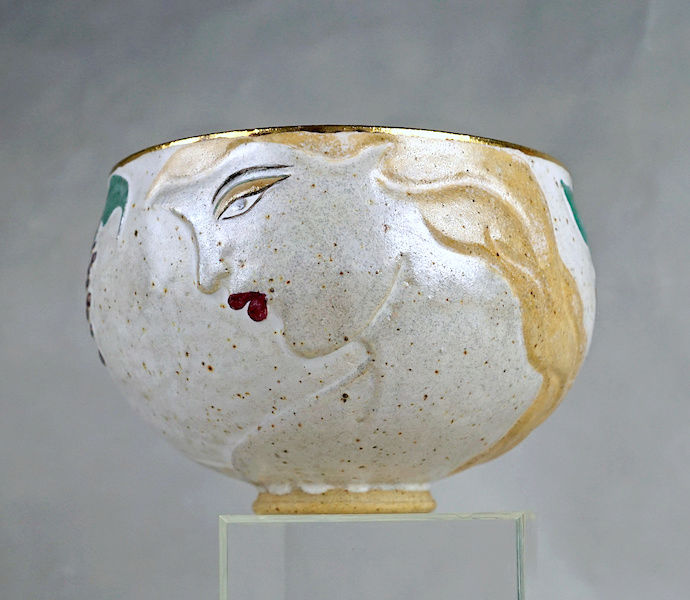 Pottery Bowl With Relief Painted Women's Faces, Signed Women_12