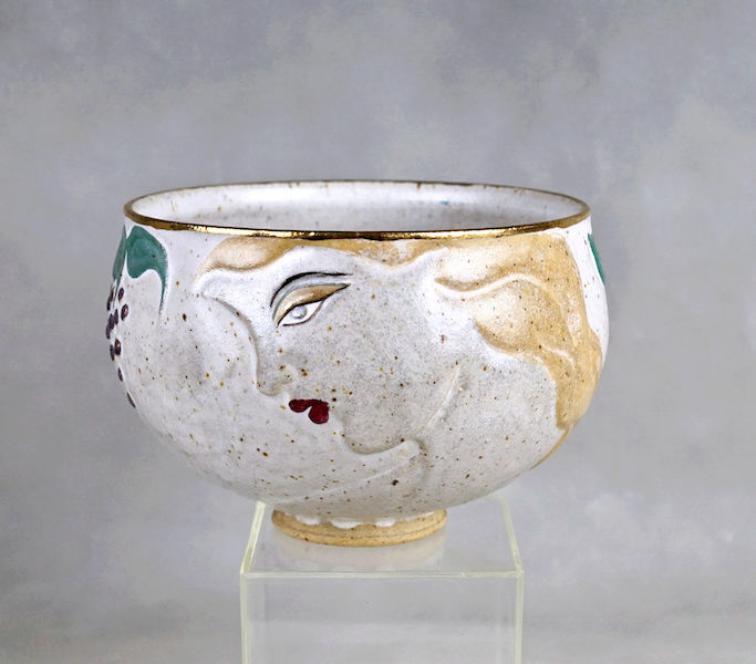 Pottery Bowl With Relief Painted Women's Faces, Signed Women_15