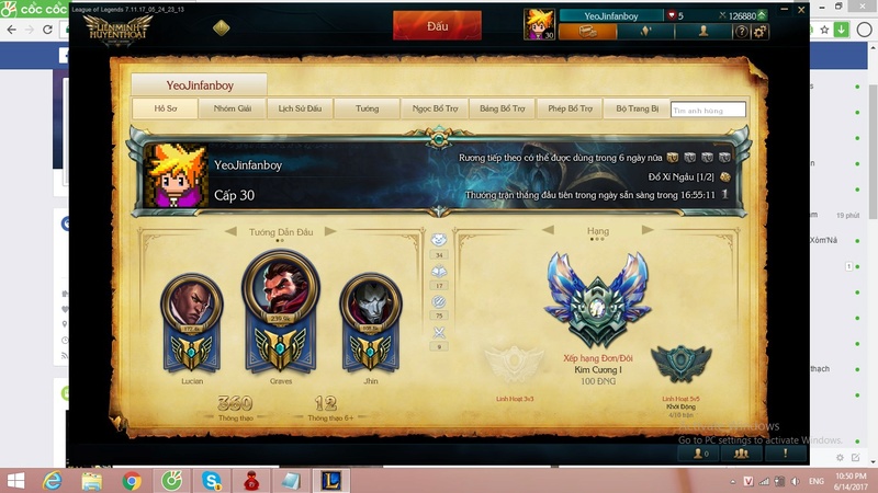 Bán Acc LOL khung cao thủ. 1tr6. Rank kc1 100 điểm. Full tướng, 200 skin ( udy tlvh, riven qq 2012,2016. Diana huyết nguyệt,...) A10