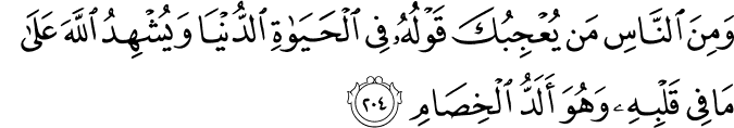 قوله تعالى (وَمِنْ النَّاسِ مَنْ يُعْجِبُكَ قَوْلُهُ فِي الْحَيَاةِ الدُّنْيَا وَيُشْهِدُ اللَّهَ عَلَى مَا فِي قَلْبِهِ وَهُوَ أَلَدُّ الْخِصَامِ).!   311