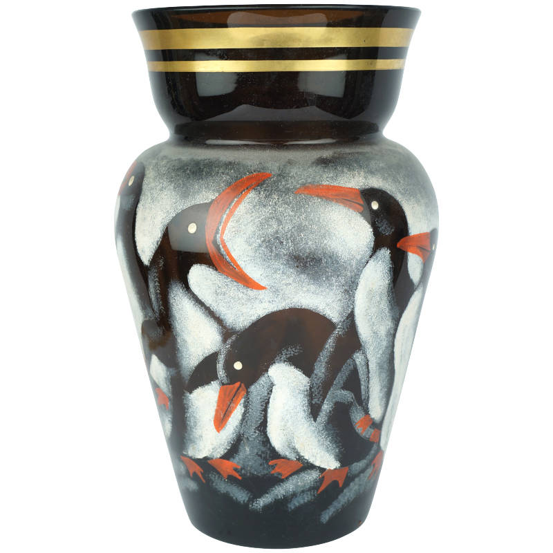 Need to ID This Thick and Heavy Large Glass Vase with Hand Painted Penguins Art-de13