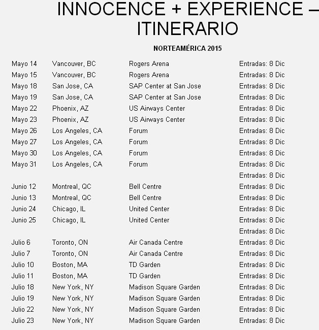 “THE INNOCENCE + EXPERIENCE TOUR” Fechas  Captur12