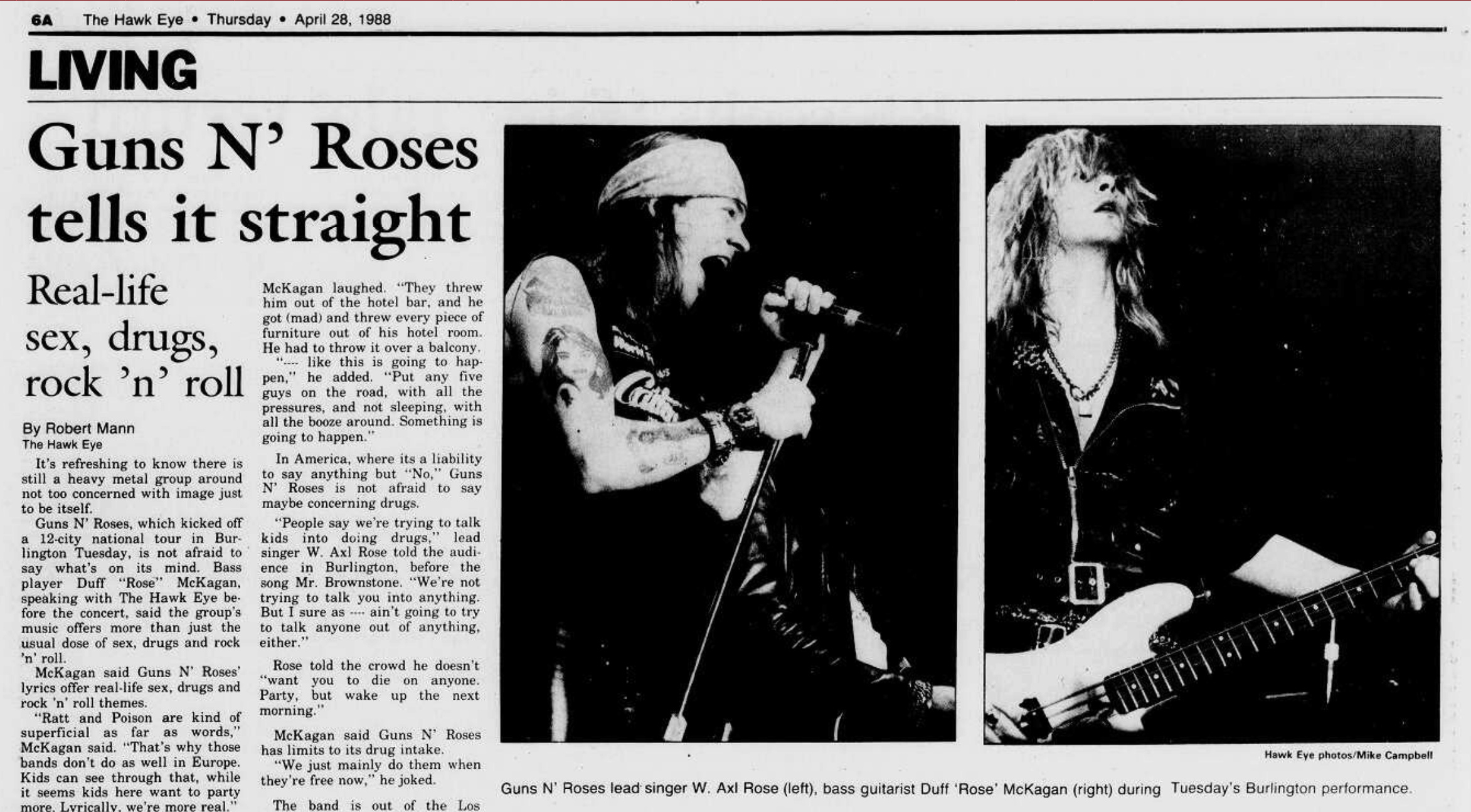 1988.04.28 - The Burlington Hawk Eye - Guns N' Roses Tells It Straight (Duff) Burlin11