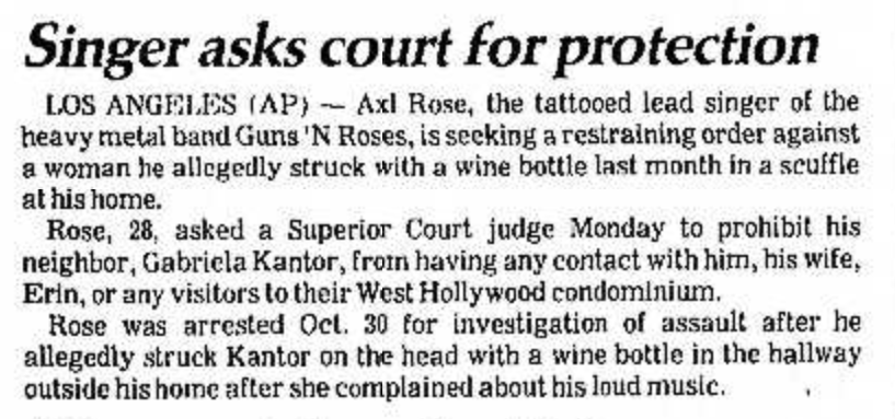 1990.11.19 - People Magazine - A Neighbor Says Axl Rose Hit Her with a Wine Bottle, and He Says She's Got a Corkscrew Loose Salina10