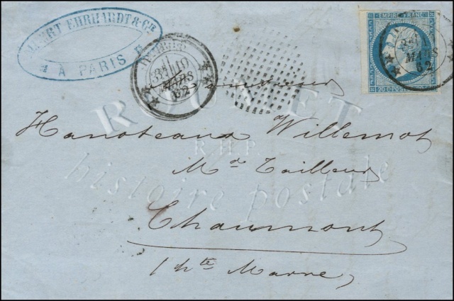 Oblitération Paris avec étoile de 1862 24710