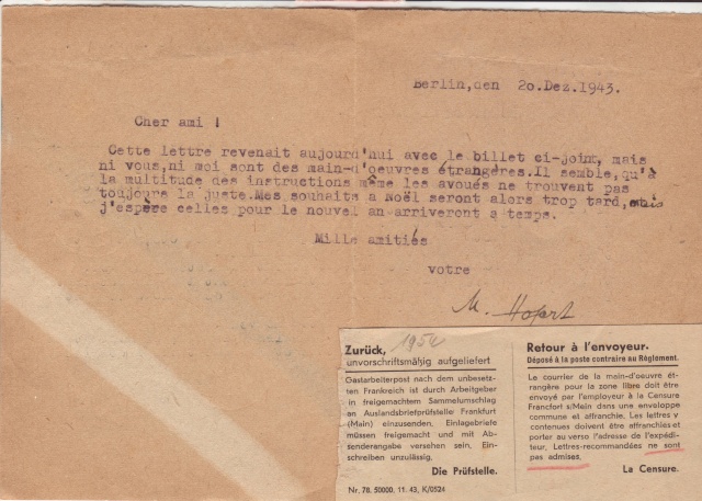 Papillon de retour pour lettres recommandées des travailleurs étrangers utilisé par erreur sur courrier civil 10000910