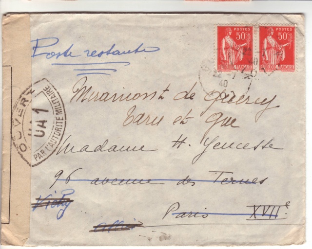 Censure UA 1 sur lettre de Groslejac pour Paris redirigée sur Vichy en Juillet 1940. 10001610