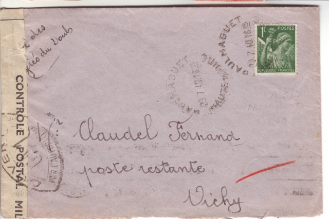 Censure UA 1 sur lettre de Groslejac pour Paris redirigée  sur Vichy en Juillet 1940. 12001110