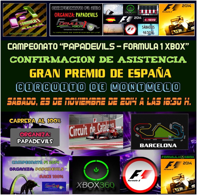 F1 2014 / CONFIRMACIÓN DE ASISTENCIA / CAMPEONATO "PAPADEVILS" / 4ª CARRERA FASE 1 / G.P. DE ESPÀÑA / Sábado, 29 de noviembre de 2014 a las 16:30h. Formul35