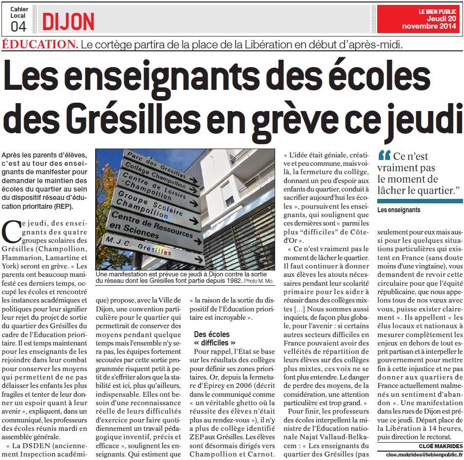 Dijon : Une trentaine d'écoles touchées par la grève + Dijon. Les enseignants des écoles des Grésilles en grève ce jeudi (Bien Public) Les_en10