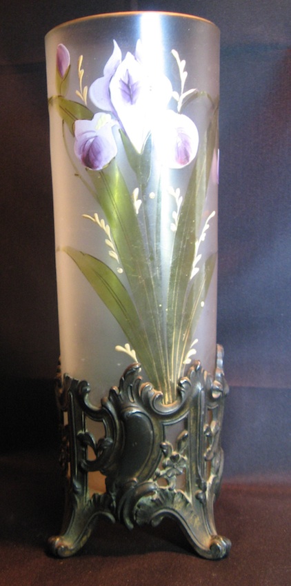 Vase tube émaillé iris pied métal cuivré, catalogue Manufrance 1912 Leg110