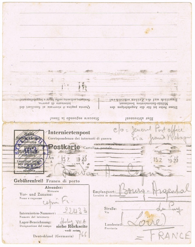 Stalag VII  A  à  MOOSBOURG  -  carte avec réponse  «  Interniertenpost » mention imprimées aux zones en Italie Ccf08110