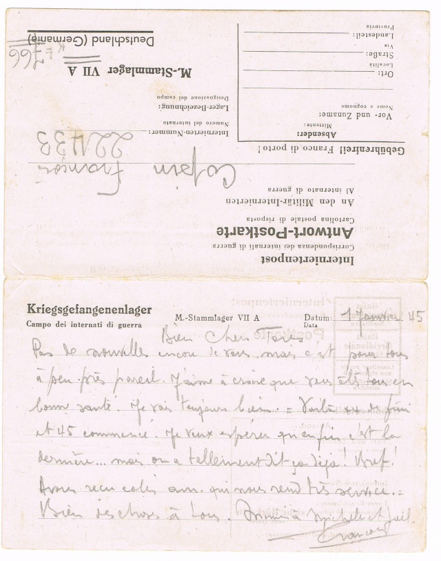 Stalag VII  A  à  MOOSBOURG  -  carte avec réponse  «  Interniertenpost » mention imprimées aux zones en Italie Ccf08111