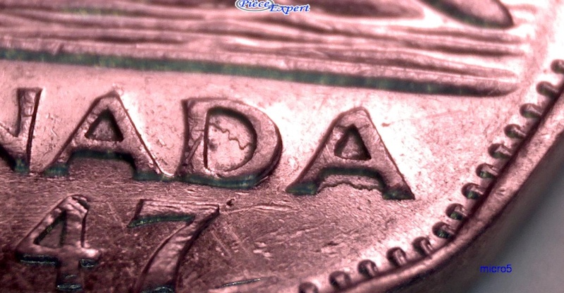 1947 - Coin Entrechoqué & Dépôt sur le Lettrage dans D & A de CANADA 5_cent52