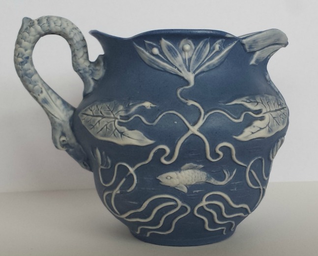 Blue/White Creamer with Koi Pond Scene and Serpent Handle 20141113