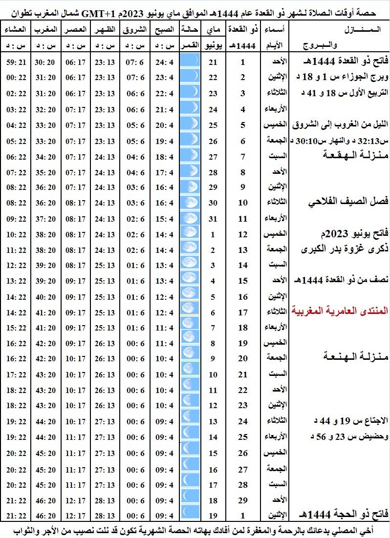 حـصة أوقات الـصلاة لـشهر ذو القعدة عام 1444هـ الموافق ماي يونيو 2023م GMT+1 شمال المغرب تطوان Aaco_110