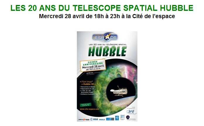 programme des 20 ans du télescope spatial HUBBLE - Soirée à la Cité de l'espace - Mercredi 28 avril Hub110