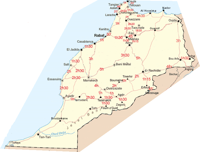 Carte routière du Maroc avec distance interville Temps_11