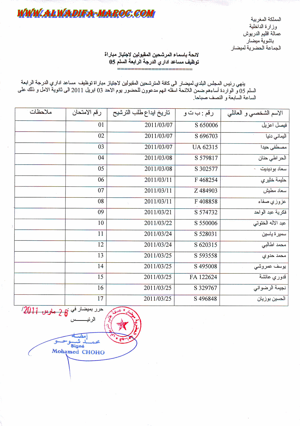 الجماعة الحضرية لميضار - عمالة الدريوش - : لائحة بأسماء المرشحين المقبولين لاجتياز مباراة توظيف مساعد إداري الدرجة الرابعة السلم 5 ليوم 03 أبريل 2011  Alwadi12