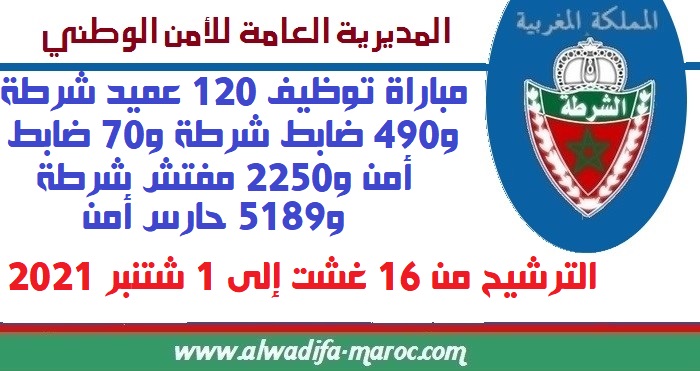 المديرية العامة للأمن الوطني: مباراة توظيف 5189 حارس أمن و2250 مفتش شرطة و490 ضابط شرطة و70 ضابط أمن و120 عميد شرطة 