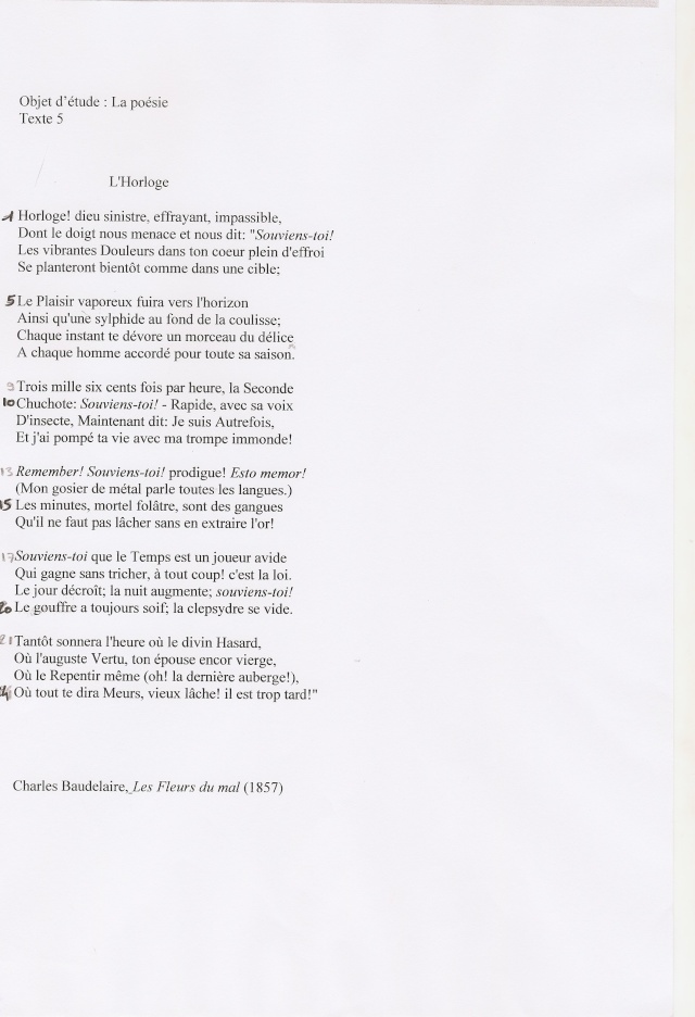 La poésie  Texte 5, L'Horloge [Baudelaire]