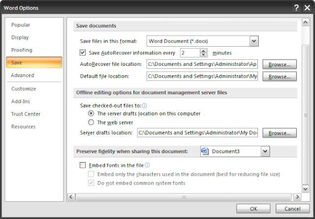 Ubah AutoRecover Interval pada Office 2007. Rcvr10