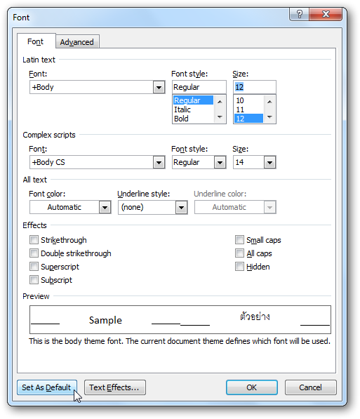 Mengubah Ukuran font default di Word Sshot213