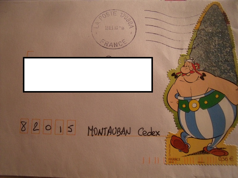 Lettre oblitérée avec le timbre Obélix grand format Asteri10