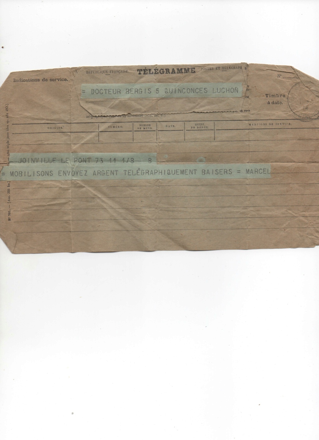 télégramme du 01/08/1914 Telegr10